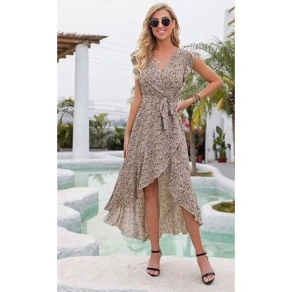 Grecerelle Brown Floral Flutter Sleeve Maxi Dress Size XL NWT - Picture 1 of 11